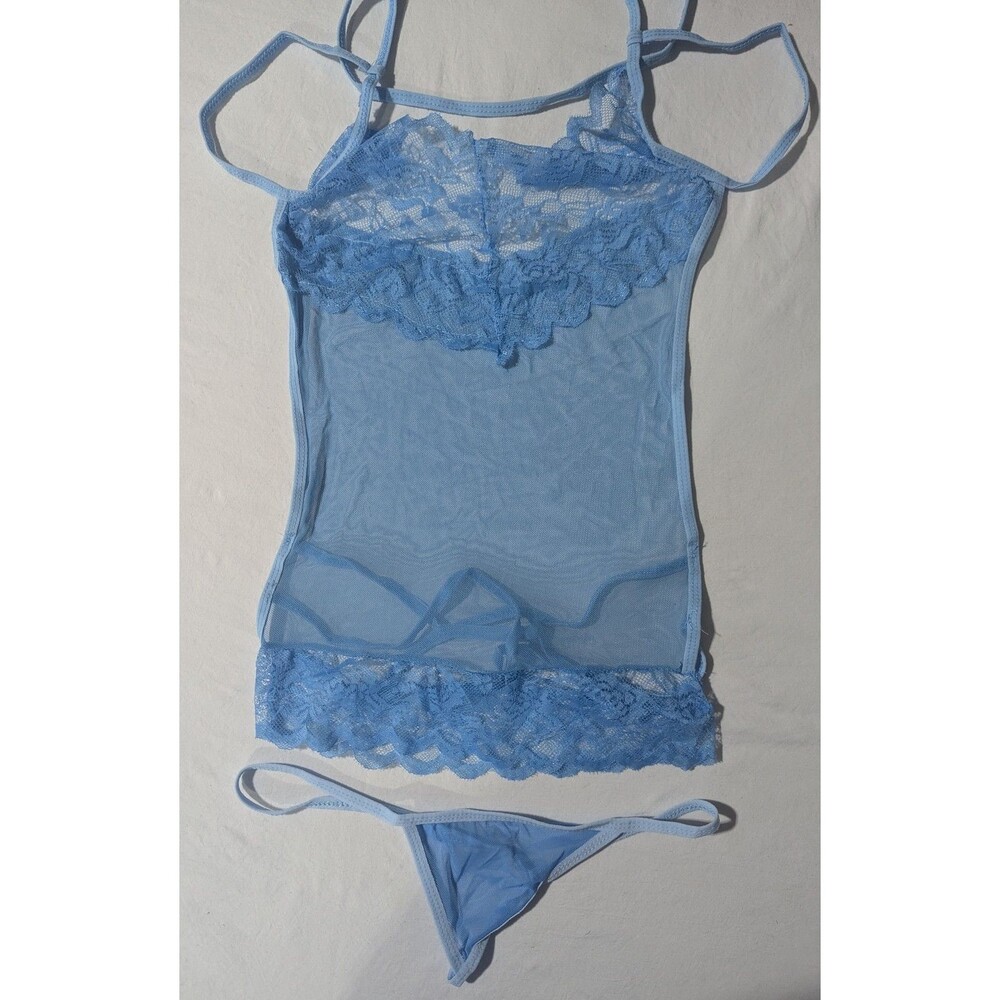 Sheer Blue Lace Babydoll Chemise & Thong Lingerie Set, One Size, New